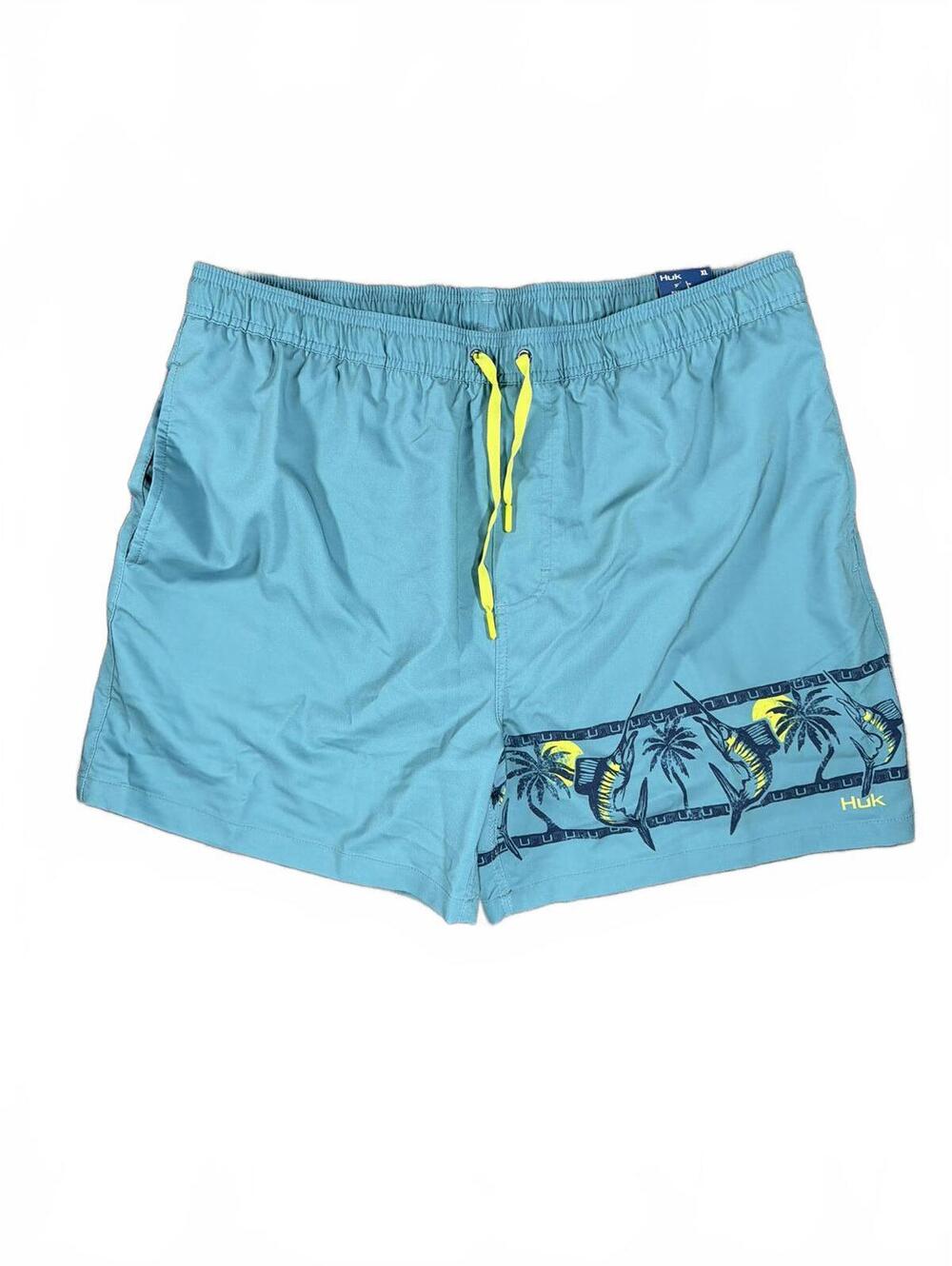 NWT Huk Blue Swim Trunks Sword Fish and Palm Tree Design - Size XL